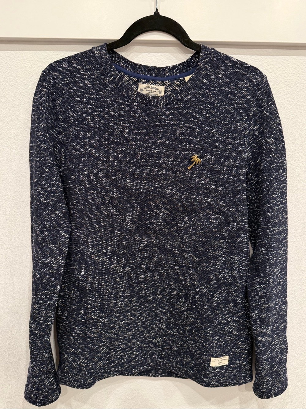 Scotch & Soda Navy Marled Crewneck Sweater with Gold Palm Accent